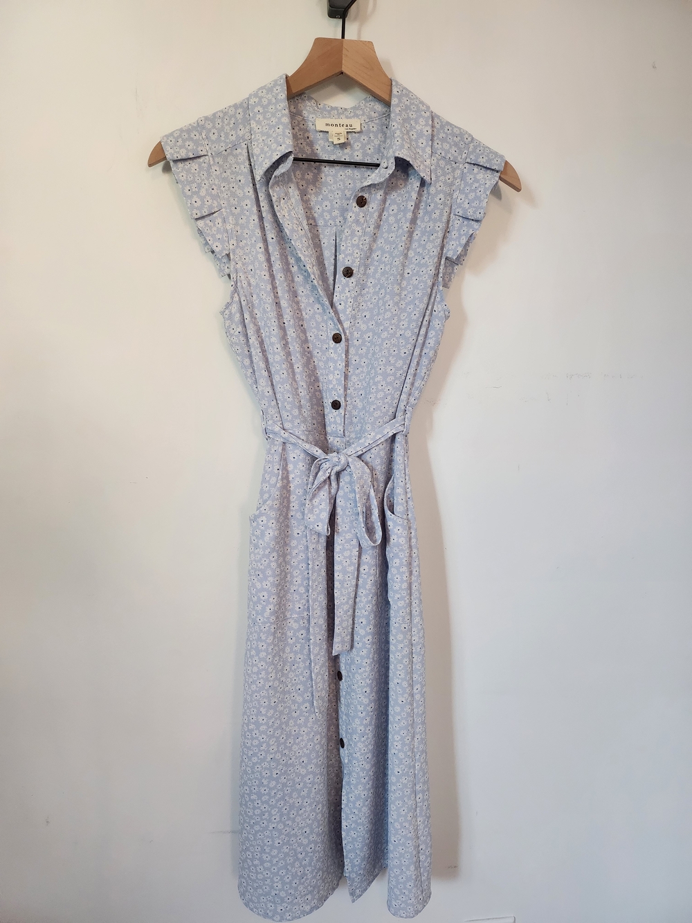 Monteau Pale Blue Floral Midi Shirt Dress with Tie Waist